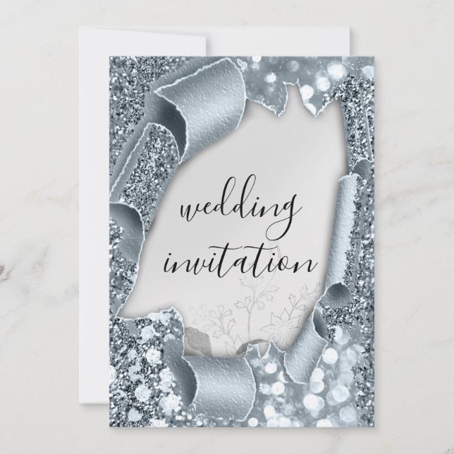 Invitation Mariage effet 3D Flore de cadre argent bleu fumé (Devant)
