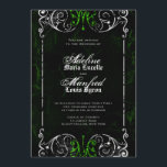 Invitation Mariage Éffrayant et vert gothique victorien Invit<br><div class="desc">Ces invitations de mariage gothique, noir et blanc et vert sont parfaites pour les mariages d'Halloween, avec un cadre tourbillonnant orné, à l'ancienne, fêlé d'âge, recouvert de toiles éffrayantes, contre un arrière - plan noir et vert légèrement texturé et mode. Le texte est une combinaison de script grunge, classique facile...</div>