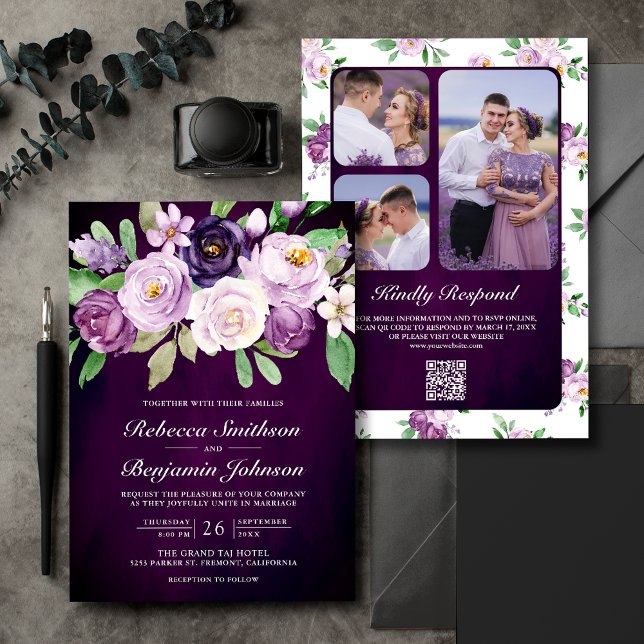 Invitation Mariage Eggplant Purple Floral QR Code Dark Moody (Créateur téléchargé)