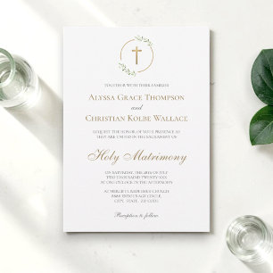 Invitation Mariage Église Catholique Élégante Croix Verdure