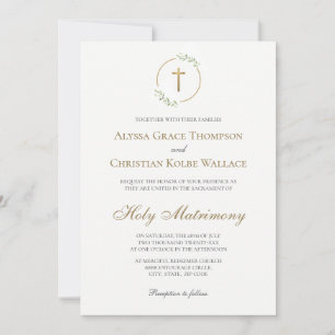 Invitation Mariage Église Catholique Élégante Croix Verdure