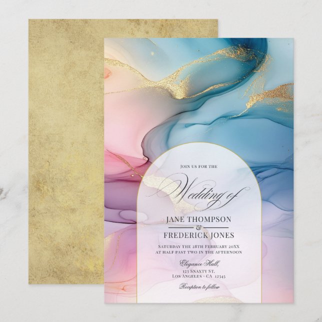Invitation Mariage Élégance à l'encre alcoolique Rose, Bleu e (Devant / Derrière)
