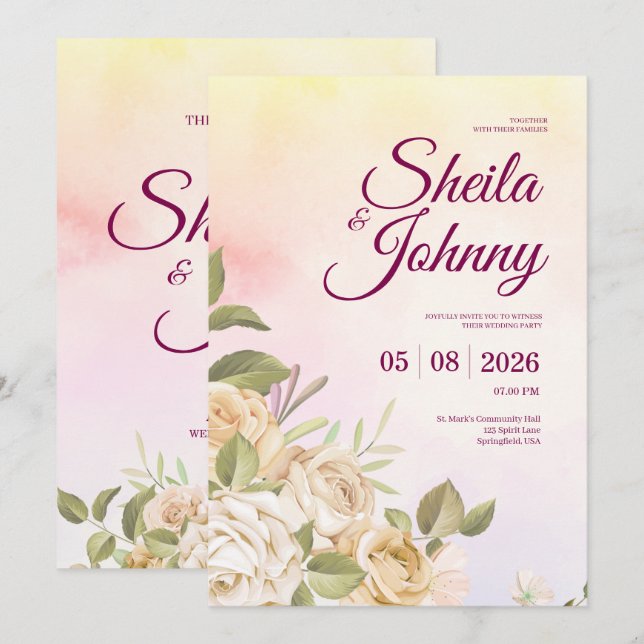 Invitation Mariage Élégance Aquarelle Jaune et Rose (Devant / Derrière)