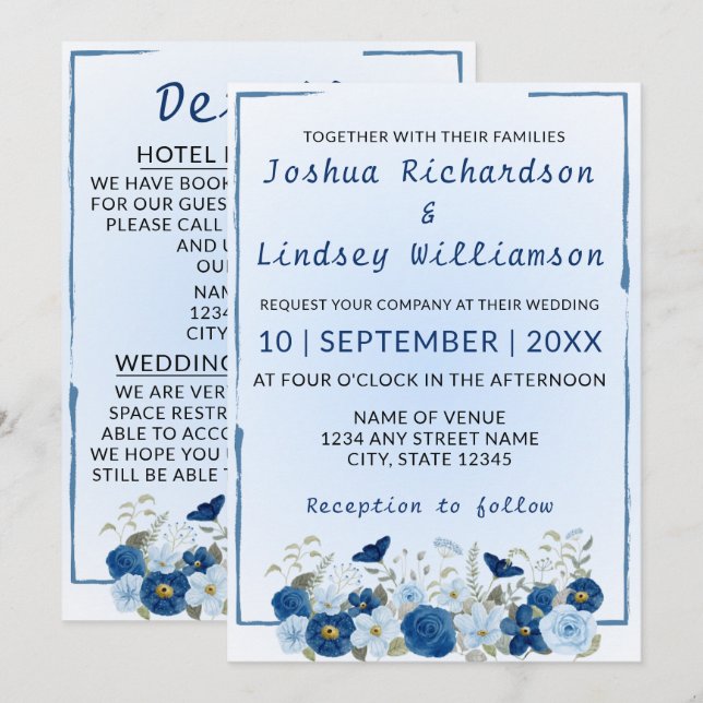 Invitation Mariage Élégance Botanique Bleue  (Devant / Derrière)