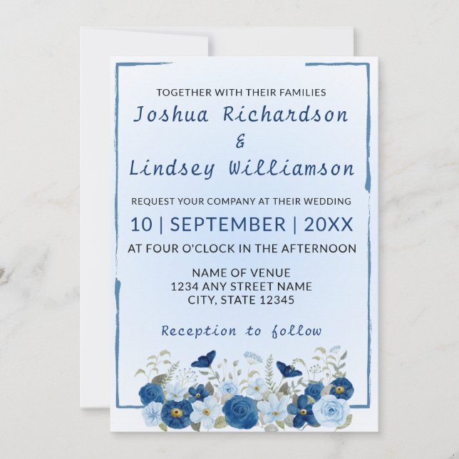 Invitation Mariage Élégance Botanique Bleue  (Devant)