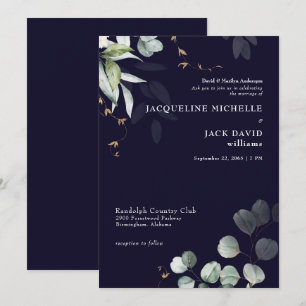 Invitation Mariage Élégance Eucalyptus Navy Parents de la Mar