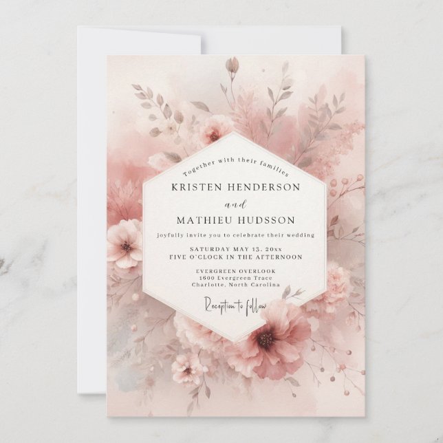 Invitation Mariage Élégance Fleur Rose Poussiéreuse (Devant)