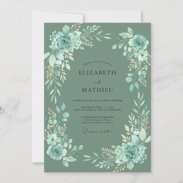 Invitation Mariage Élégance Florale Botanique Sarcelle (Devant)