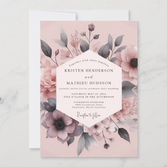 Invitation Mariage Élégance Florale Charbon de Rose (Devant)