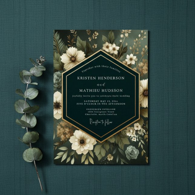 Invitation Mariage Élégance Florale Émeraude Humeur (Créateur téléchargé)