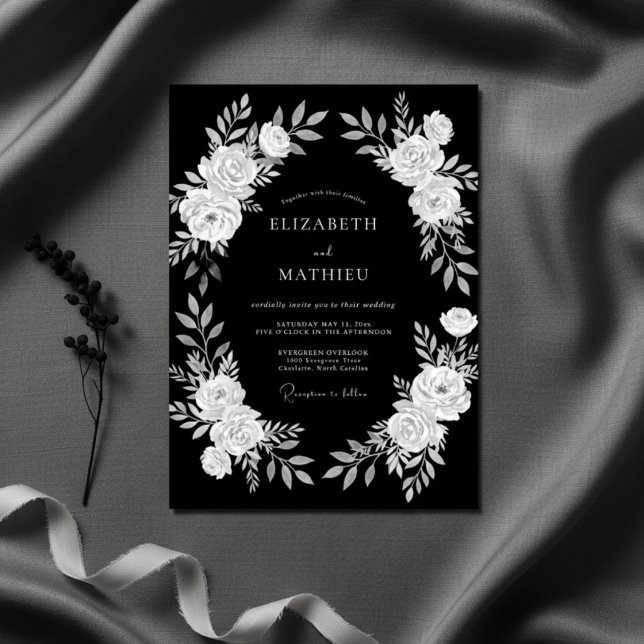 Invitation Mariage Élégance Florale Noir Blanc (Créateur téléchargé)