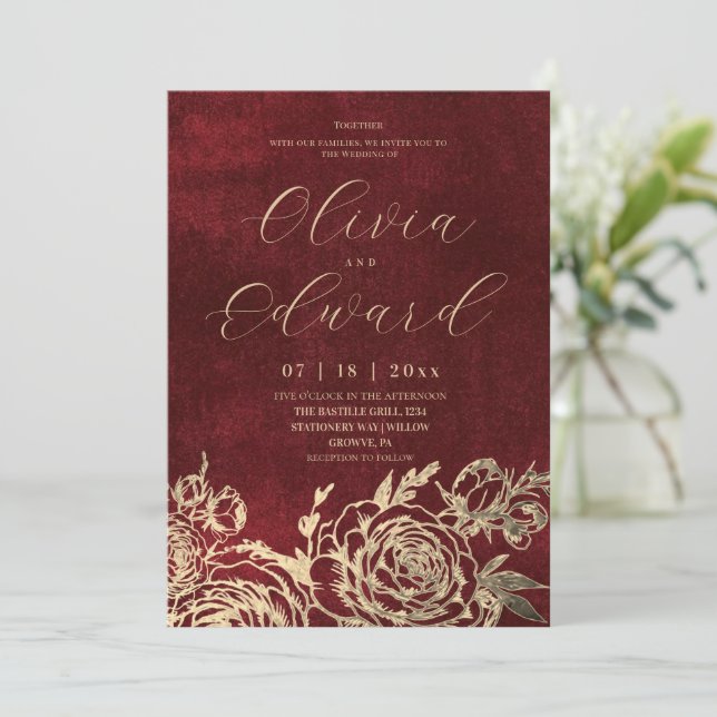 Invitation Mariage Élégance Florale Or Bourguignon  (Debout devant)