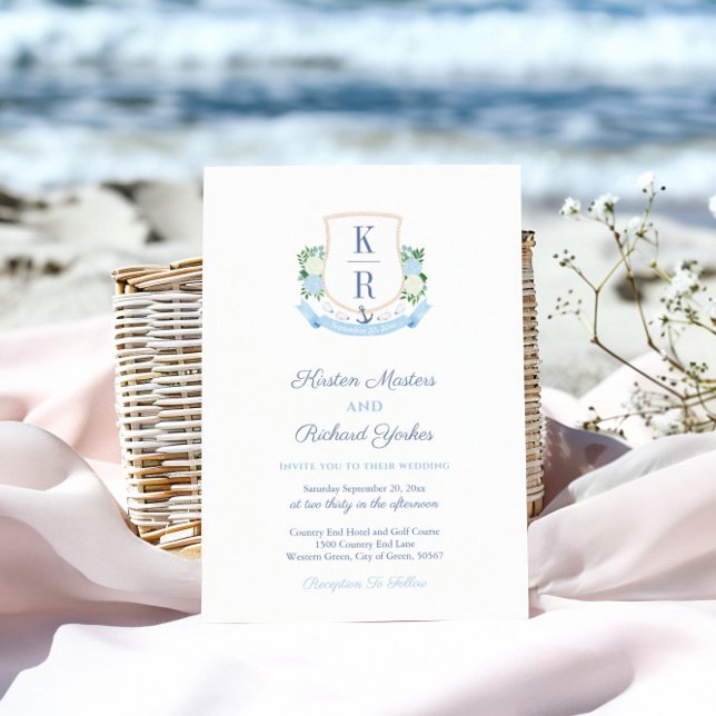 Invitation Mariage élégant à blason de monogramme bleu ciel c (Coastal wedding invitation featuring handpainted watercolor crest with oyster shells and anchor)