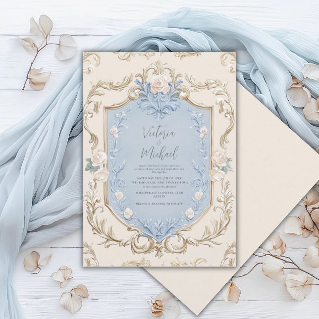 Invitation Mariage élégant à cadre doré floral bleu (Créateur téléchargé)