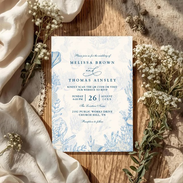 Invitation Mariage élégant à code QR aquarelle océan plage (Créateur téléchargé)