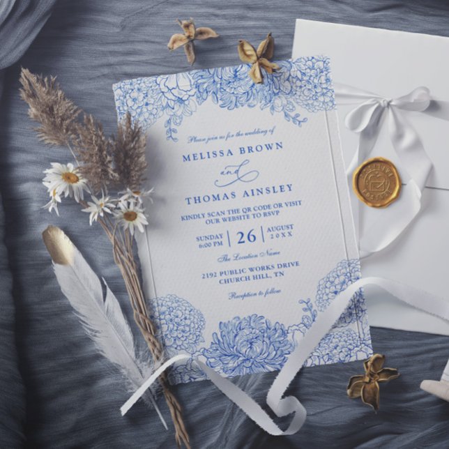 Invitation Mariage élégant à code QR bleu et blanc minimalist (Créateur téléchargé)