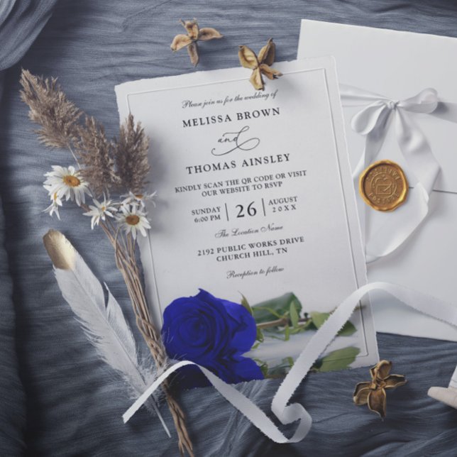 Invitation Mariage élégant à code QR de rose bleu royal à bud (Créateur téléchargé)
