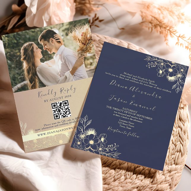 Invitation Mariage élégant à code QR floral automnal Navy (Créateur téléchargé)