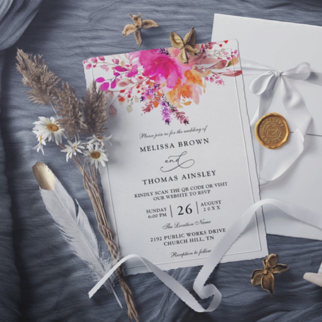 Invitation Mariage élégant à code QR floral rose vif à budget (Créateur téléchargé)