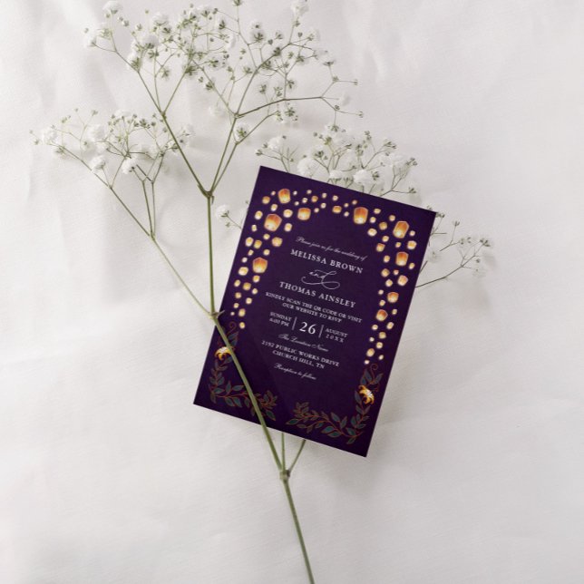 Invitation Mariage élégant à code QR Lanternes emmêlées à pet (Créateur téléchargé)