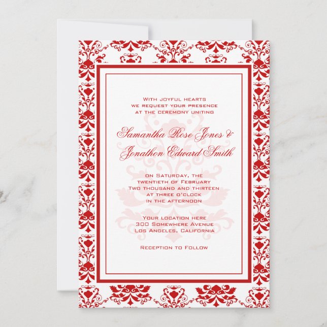 Invitation Mariage élégant à Damas rouge et blanc (Devant)