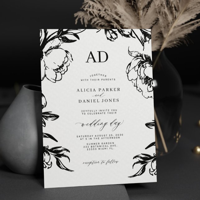 Invitation Mariage élégant à fleurs noires (Créateur téléchargé)