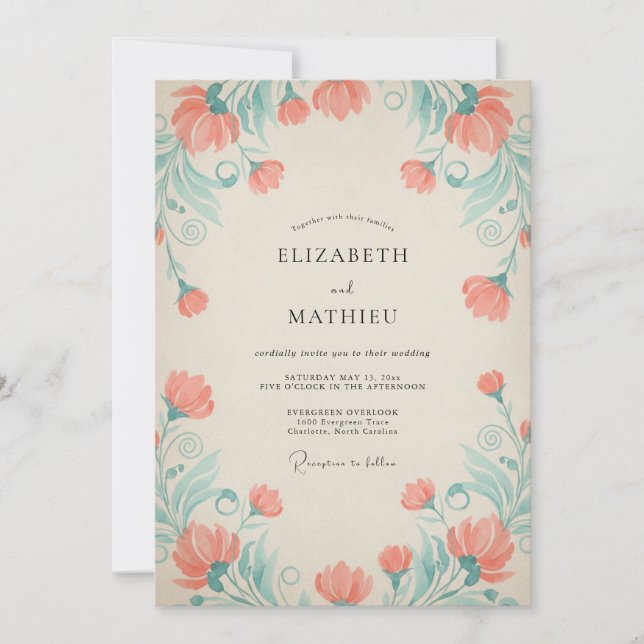 Invitation Mariage Élégant à la Bordure Florale de Corail (Devant)