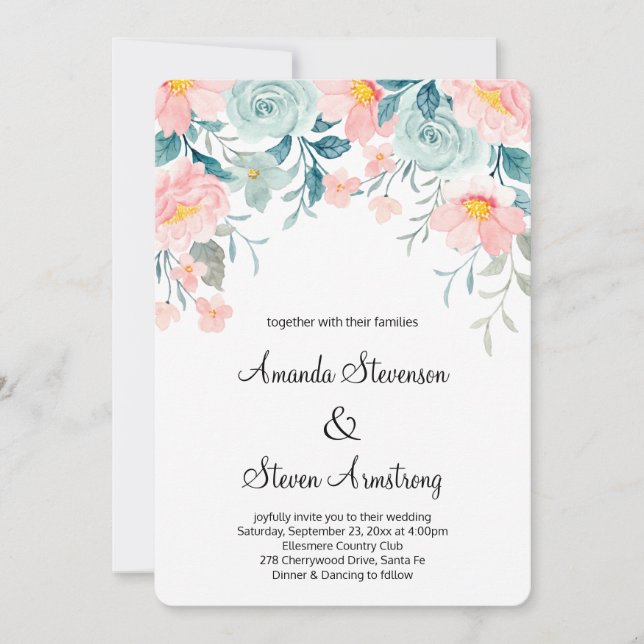 Invitation Mariage Élégant à la Bordure Florale Rose et Verte (Devant)