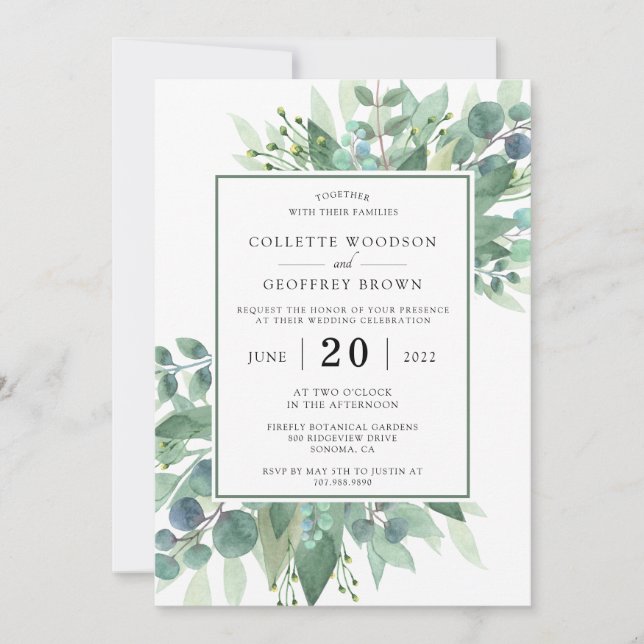 Invitation Mariage Élégant à la Botanique avec de la Verdure (Devant)