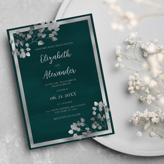 Invitation Mariage élégant à la feuille d'eucalyptus vert fon (Dark green silver eucalyptus leaf elegant Wedding)