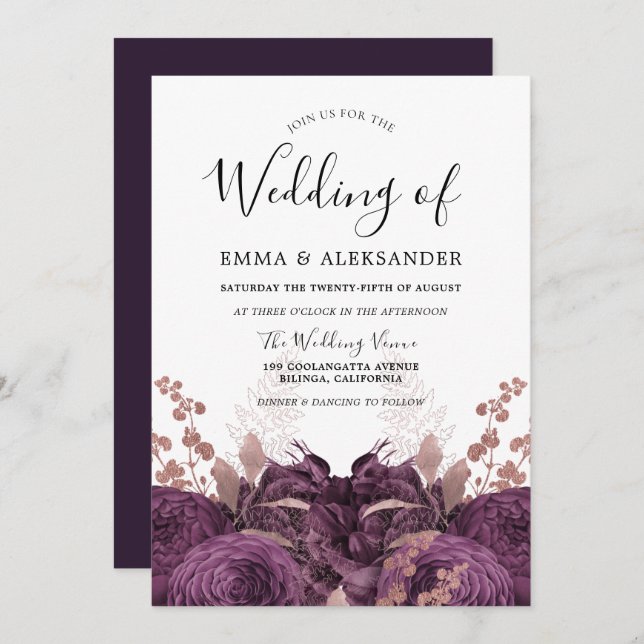 Invitation Mariage élégant à la florale bordeaux violet (Devant / Derrière)