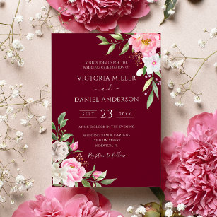 Invitation Mariage élégant à la florale rose rouge bordeaux