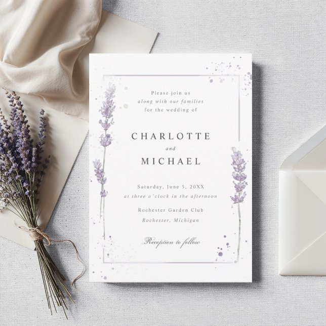 Invitation Mariage élégant à la lavande d'aquarelle (Elegant lavender wedding invitation with watercolor lavenders)