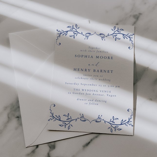 Invitation Mariage élégant à la ligne bleue botanique (Créateur téléchargé)