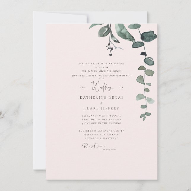 Invitation Mariage Élégant à la Touche de Fleurs de Botanique (Devant)
