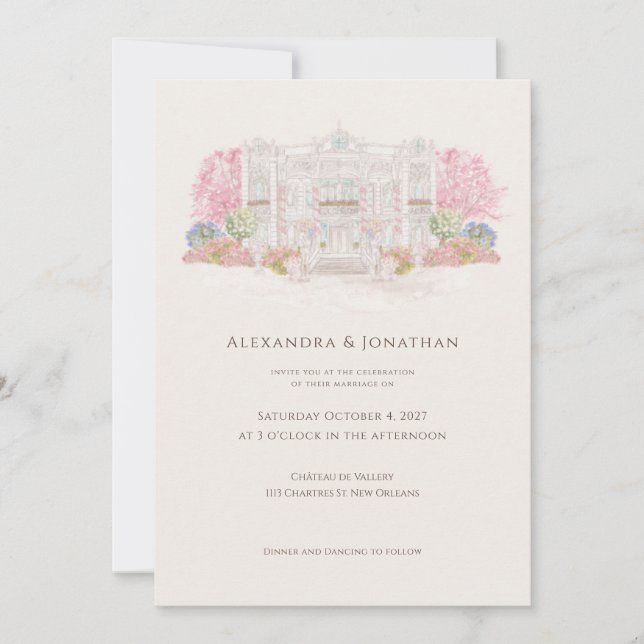 Invitation Mariage élégant à la villa à l'aquarelle (Devant)