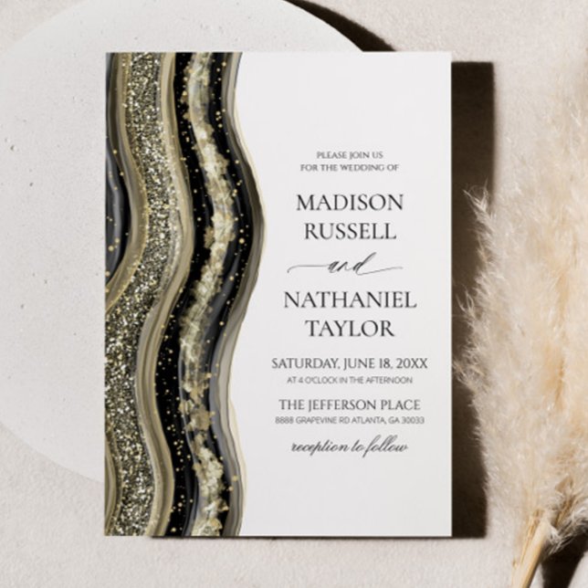 Invitation Mariage élégant à l'agate blanche et or noir (Créateur téléchargé)