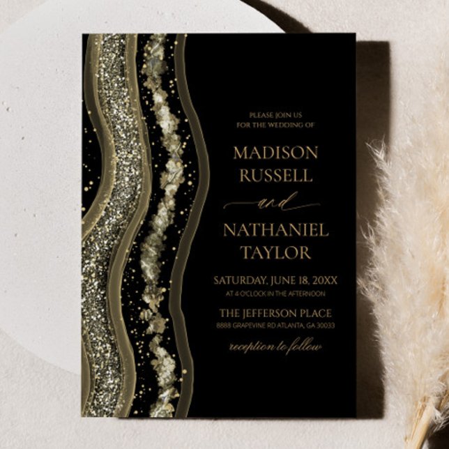 Invitation Mariage élégant à l'agate blanche et or noir (Créateur téléchargé)