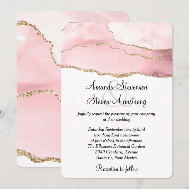 Invitation Mariage élégant à l'agate rose blush avec ruban do (Devant / Derrière)