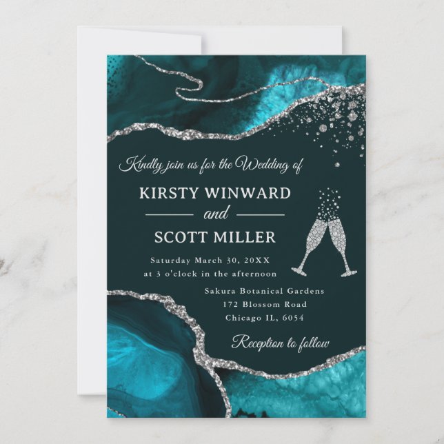 Invitation Mariage élégant à l'agate sarcelle et paillettes d (Devant)