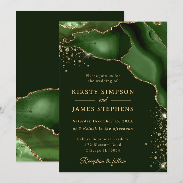 Invitation Mariage élégant à l'agate verte et dorée pailletée (Devant / Derrière)