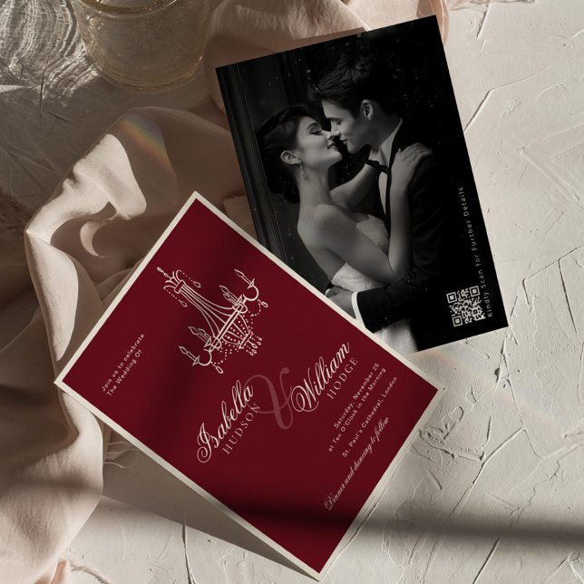 Invitation Mariage élégant à l'ancienne avec code QR Burgundy (Créateur téléchargé)