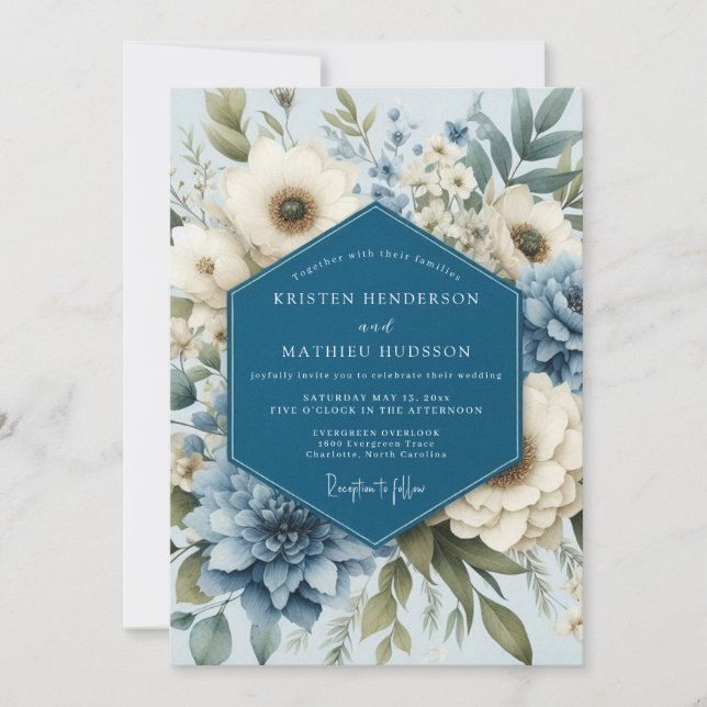 Invitation Mariage élégant à l'anémone bleu ardoise (Devant)