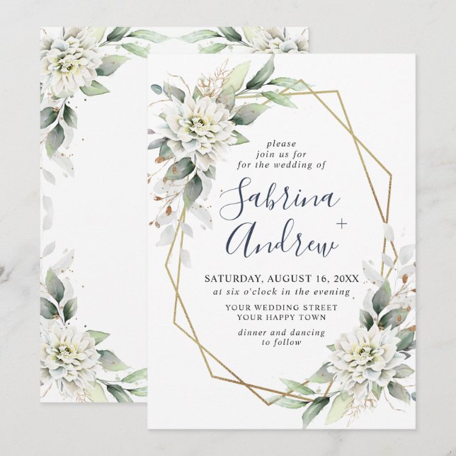 Invitation Mariage Élégant à l'Aquarelle de Verdure Bleu Pous (Devant / Derrière)