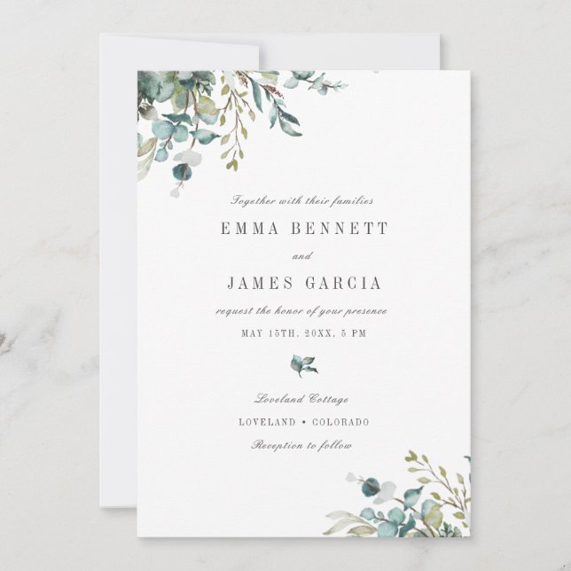 Invitation Mariage élégant à l'aquarelle d'eucalyptus verdoya (Devant)