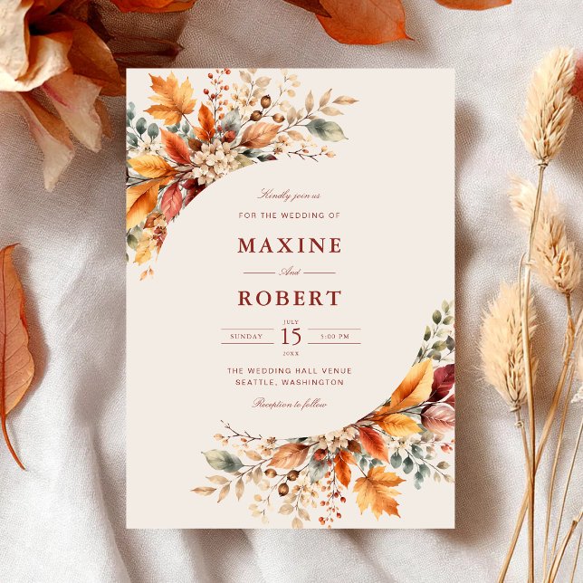 Invitation Mariage élégant à l'aquarelle douce avec feuillage (Soft watercolor autumn foliage invitation adds warm elegance to your wedding.)
