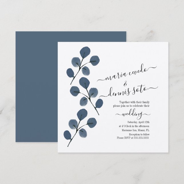 Invitation Mariage élégant à l'aquarelle Eucalyptus Bleu écri (Devant / Derrière)