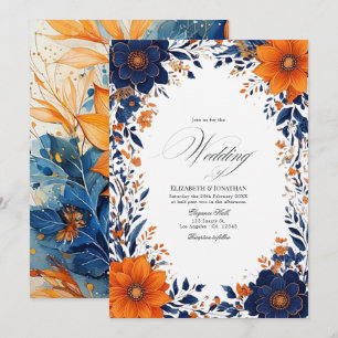 Invitation Mariage Élégant à l'Aquarelle Fleurie Bleu Marine