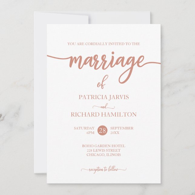 Invitation Mariage élégant à l'écriture en or rose (Devant)