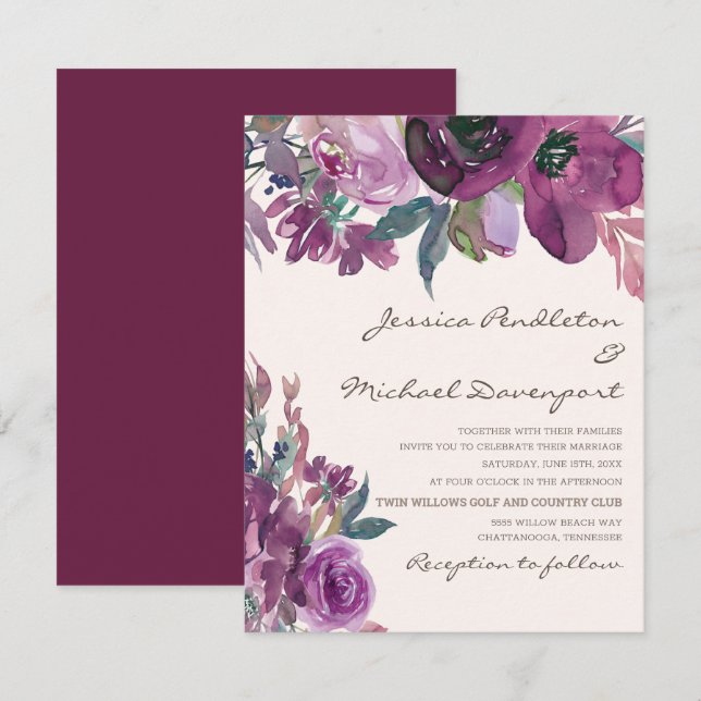 Invitation Mariage élégant à l'écriture lilac plum pourpre fl (Devant / Derrière)